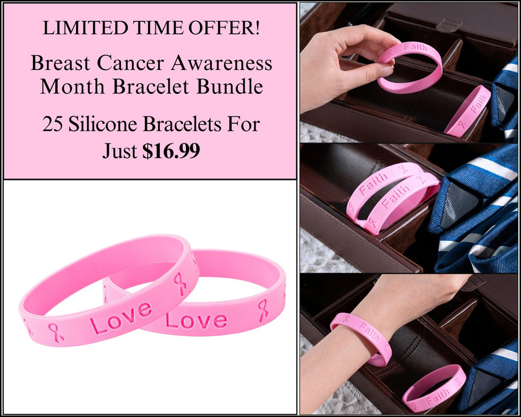 25 Pink Breast Cancer Silicone Bracelets - The Awareness Company