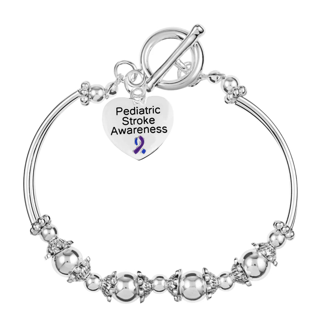 Blue & Purple Ribbon Pediatric Stroke Awareness Heart Charm Partial Beaded Bracelets