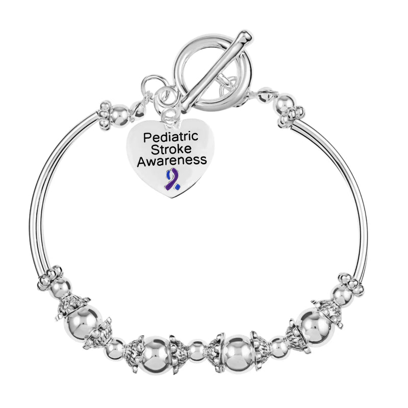 Blue & Purple Ribbon Pediatric Stroke Awareness Heart Charm Partial Beaded Bracelets