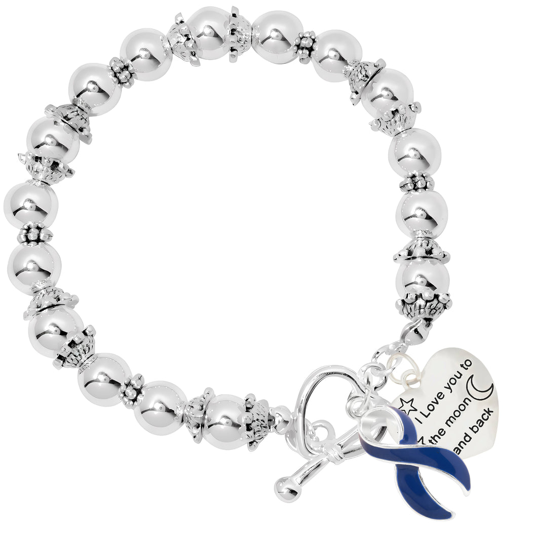 Love You To The Moon Heart Charm Dark Blue Ribbon Silver Beaded Bracelets