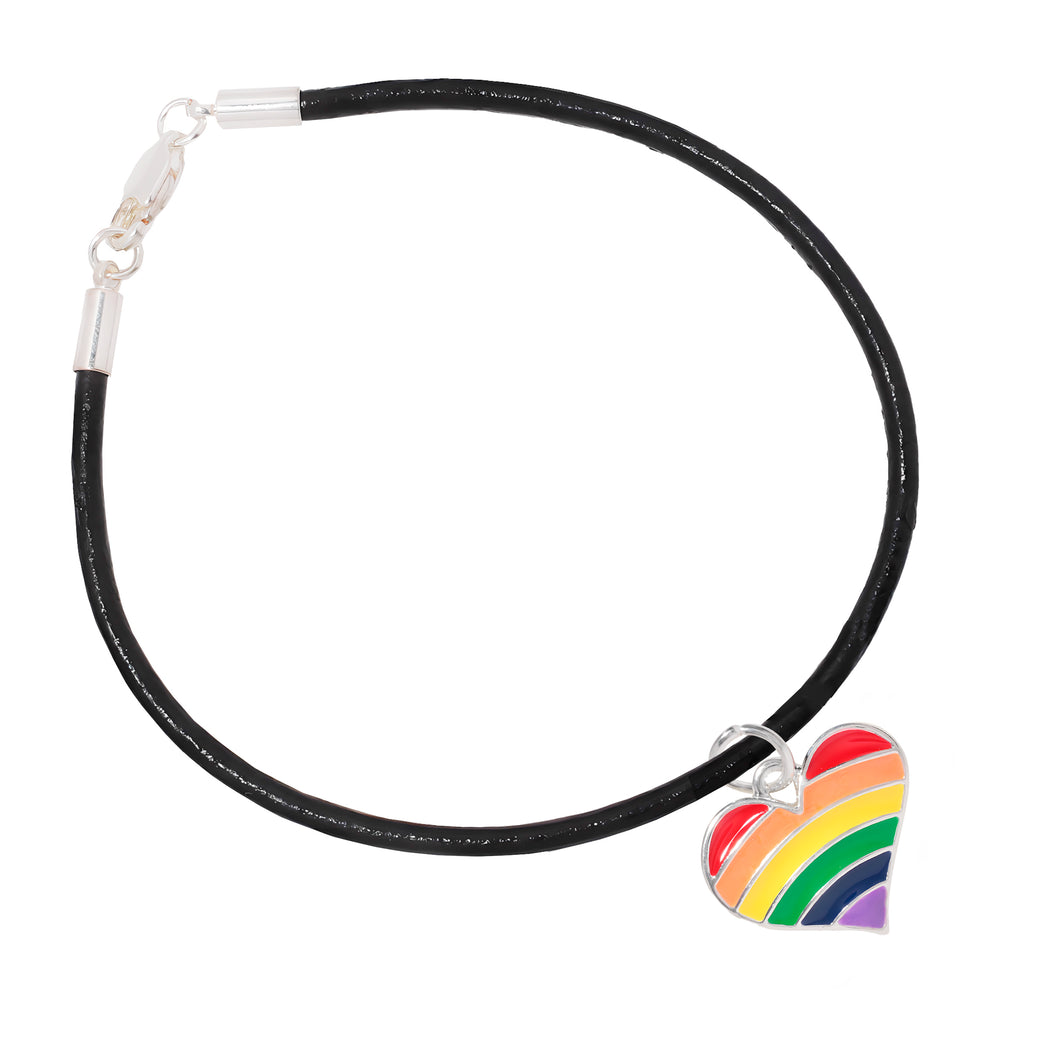 Bulk Rainbow Heart Flag Black Cord Bracelets, LGBTQ Gay Pride Jewelry - The Awareness Company