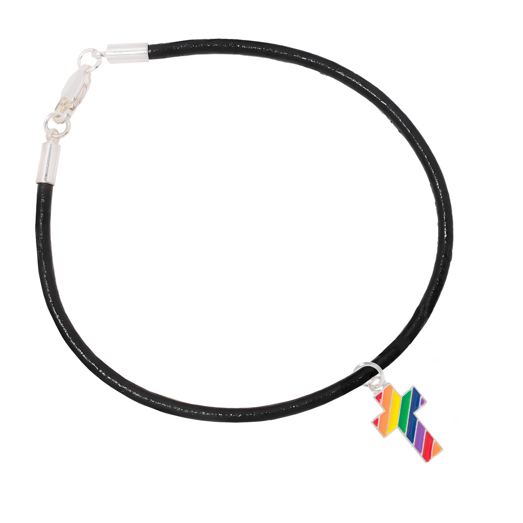 Bulk Rainbow Flag Cross Black Cord Bracelets, LGBTQ Rainbow Jewelry - The Awareness Company