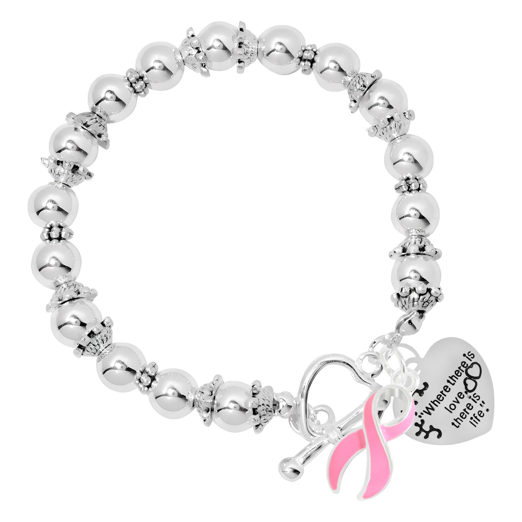 Bulk Where There Is Love Heart Charm Pink Ribbon Bracelets for Breast Cancer - The Awareness Company