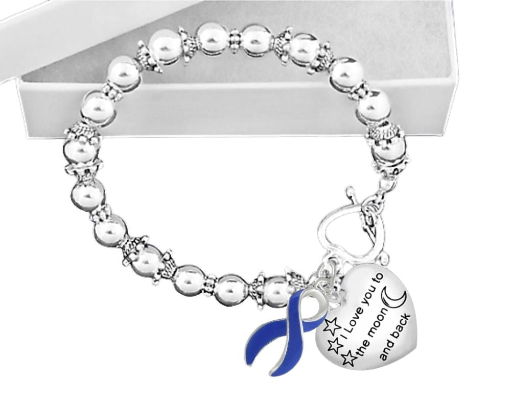 Bulk Love You To The Moon Heart Charm Dark Blue Ribbon Silver Beaded Bracelets - The Awareness Company