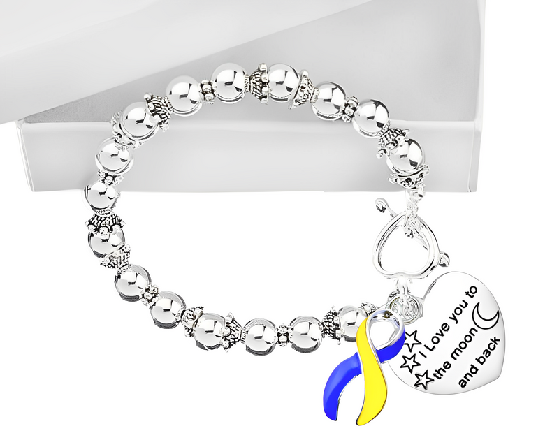 Bulk Love You To The Moon Blue & Yellow Ribbon Silver Beaded Bracelets - The Awareness Company
