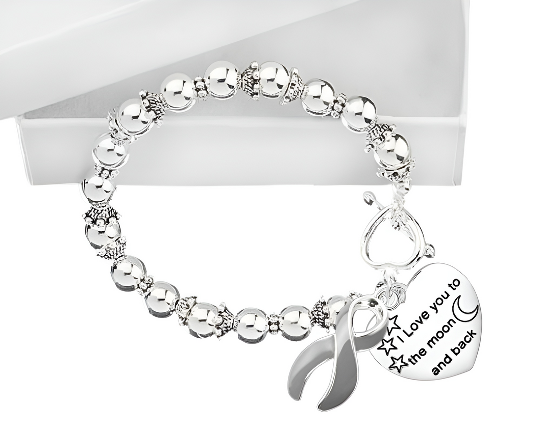 Bulk Gray Ribbon Love You To The Moon and Back Silver Beaded Bracelets - The Awareness Company