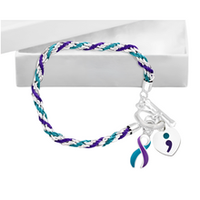 Load image into Gallery viewer, Semi Colon Suicide Teal &amp; Purple Ribbon Rope Style Bracelets