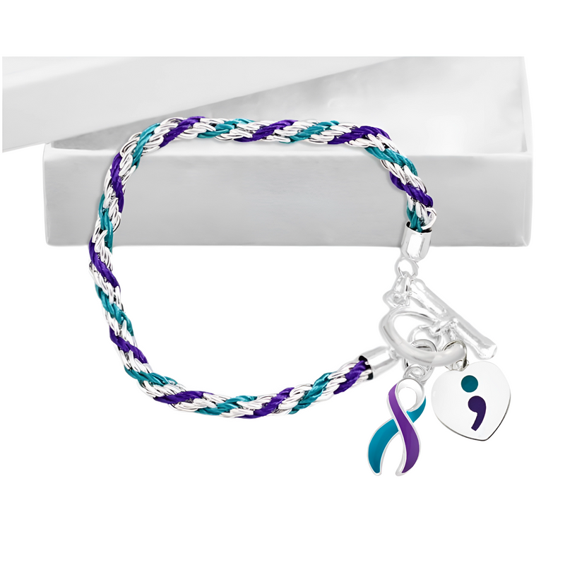 Semi Colon Suicide Teal & Purple Ribbon Rope Style Bracelets