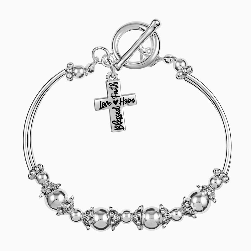 Silver Blessed, Hope, Faith, and Love Cross Beaded Charm Bracelets 