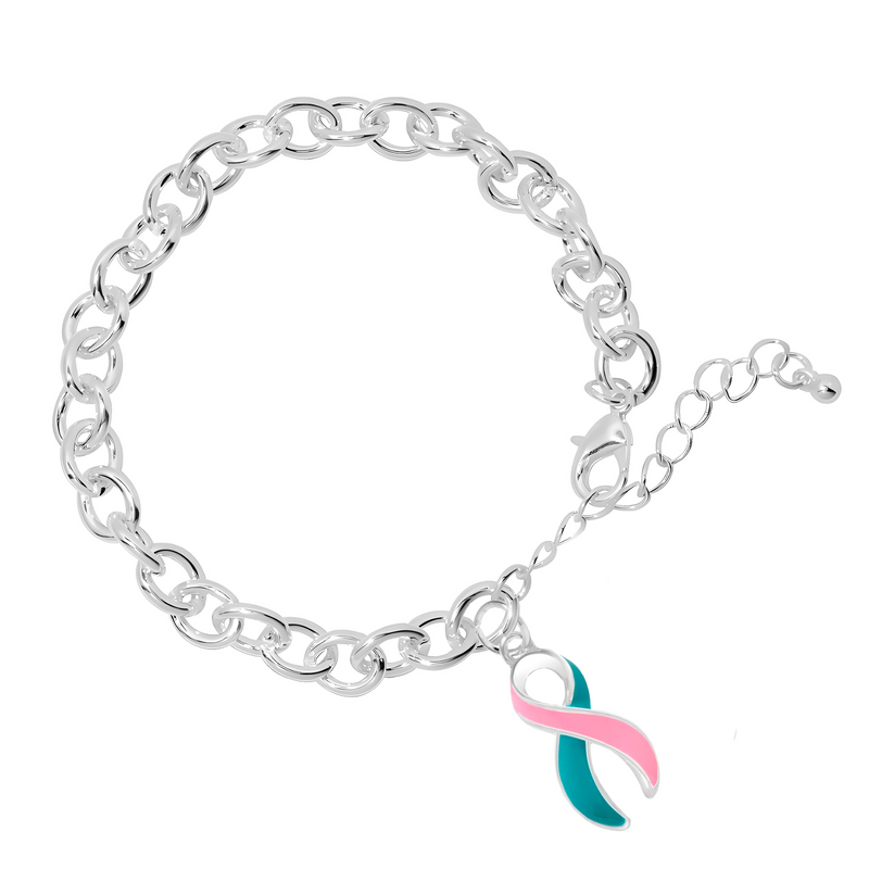 Bulk Pink & Teal Ribbon Charm Chunky Bracelets - The Awareness Company