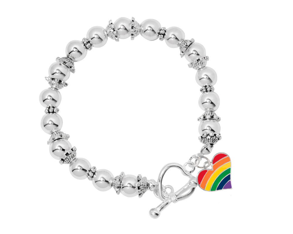 Rainbow Heart Flag Silver Beaded Bracelets, Gay Pride Jewelry - The Awareness Company