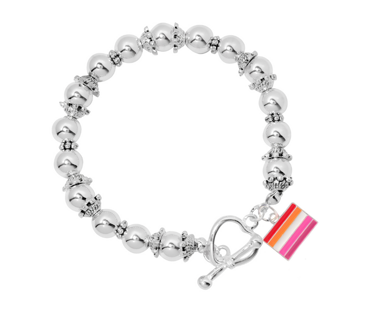 Lesbian Sunset Flag Silver Beaded Bracelets, Gay Pride Jewelry - The Awareness Company