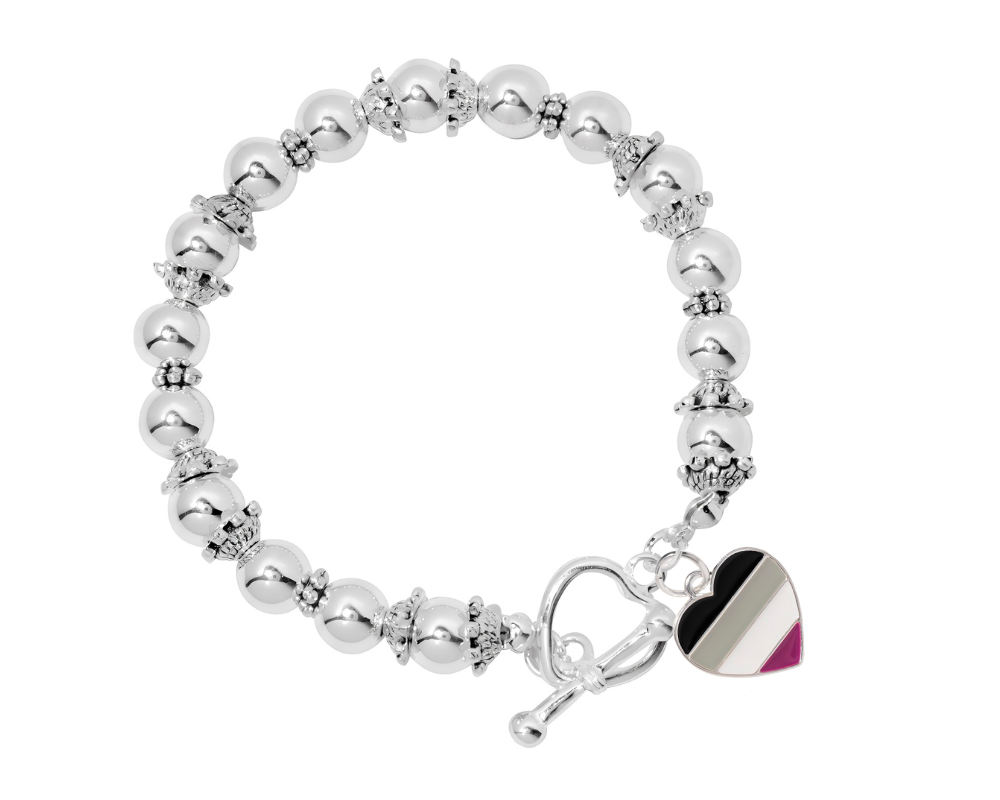 Asexual Flag Heart Silver Beaded Bracelets, Gay Pride Jewelry - The Awareness Company
