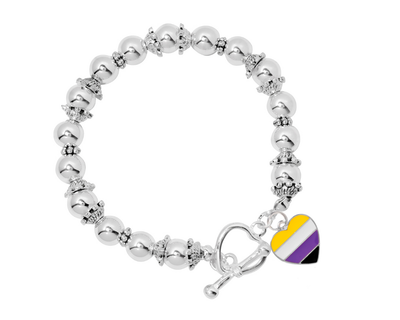 Non-Binary Heart Flag Silver Beaded Bracelets, Gay Pride Jewelry - The Awareness Company