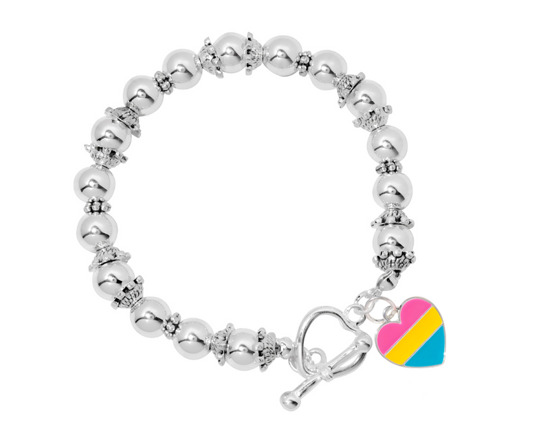 Pansexual Flag Heart Silver Beaded Bracelets, Gay Pride Jewelry - The Awareness Company