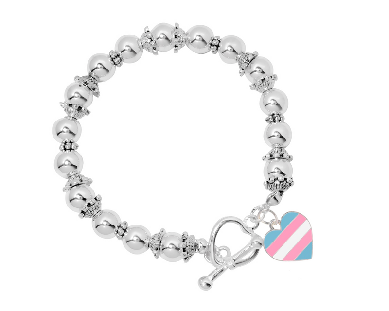 Transgender Heart Flag Silver Beaded Bracelets, Gay Pride Jewelry - The Awareness Company