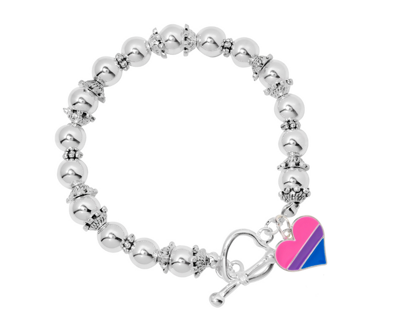 Bisexual Flag Heart Silver Beaded Bracelets, Gay Pride Jewelry - The Awareness Company