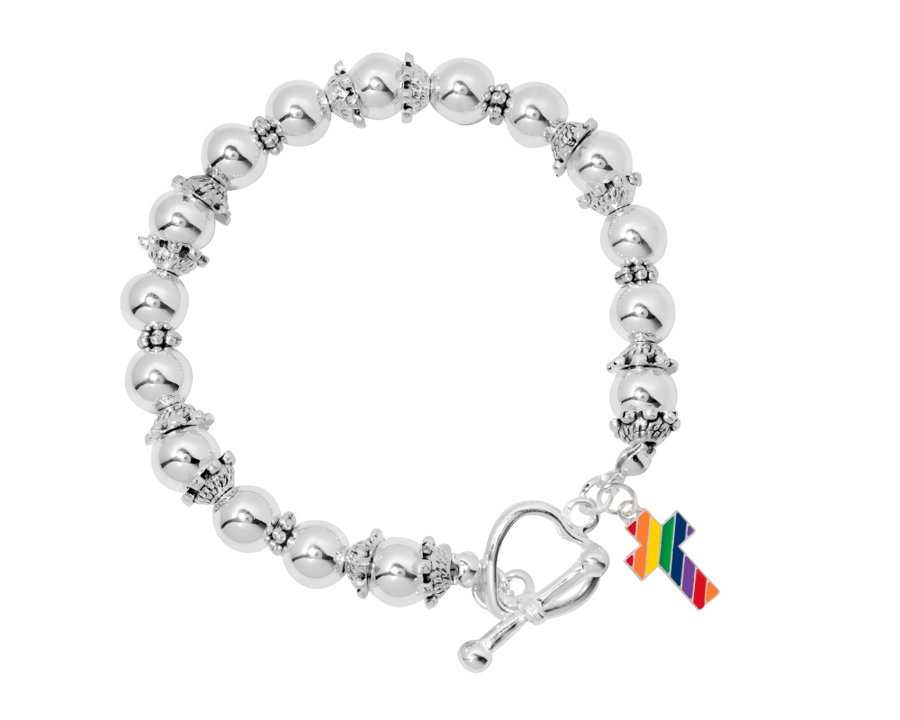Rainbow Flag Cross Silver Beaded Bracelets, Gay Pride Jewelry - The Awareness Company