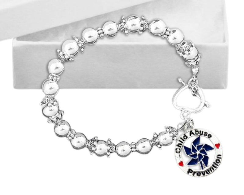 Bulk Dark Blue Pinwheel Charm Child Abuse Prevention Silver Beaded Bracelets - The Awareness Company