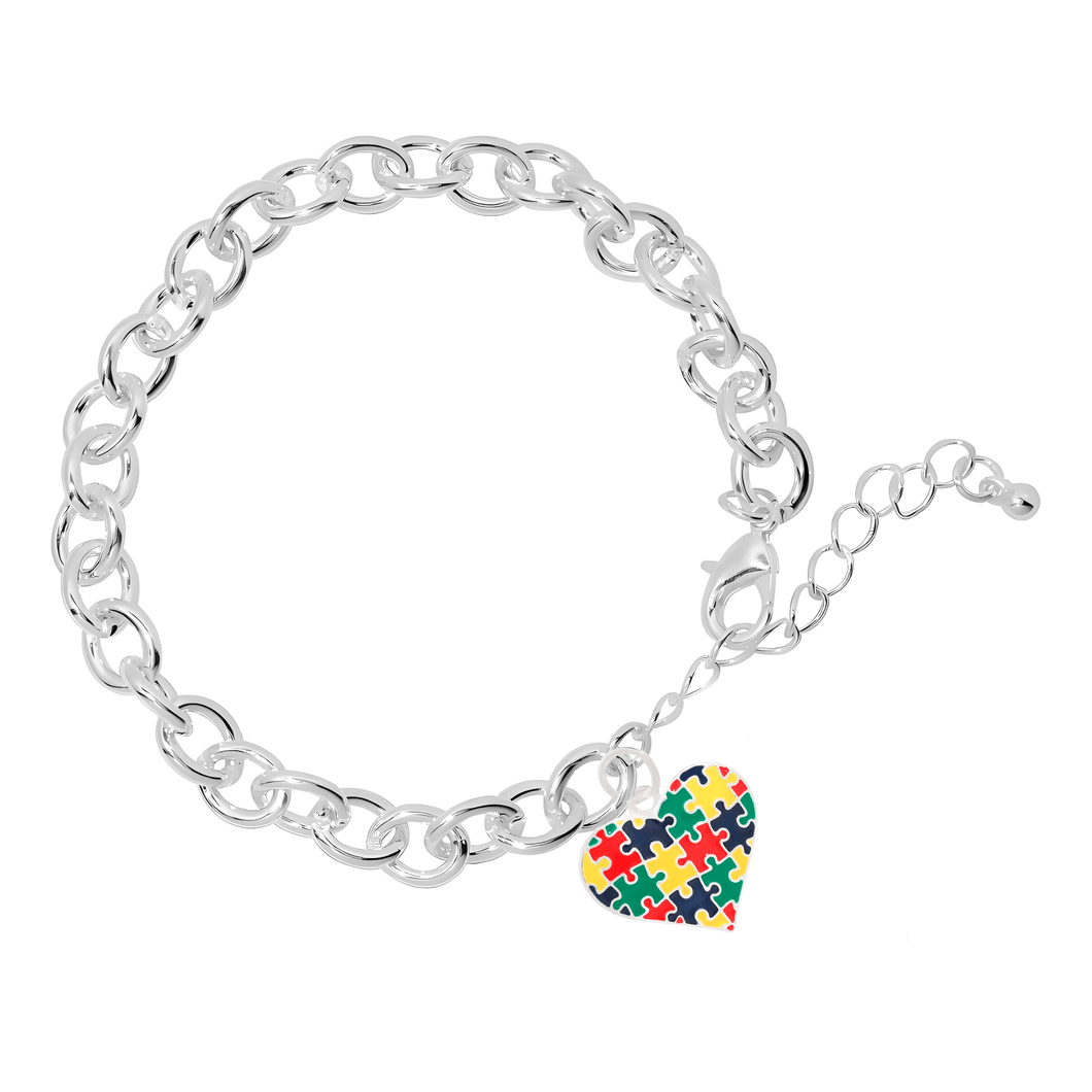 Colored Heart Puzzle Piece Autism Chunky Charm Bracelets