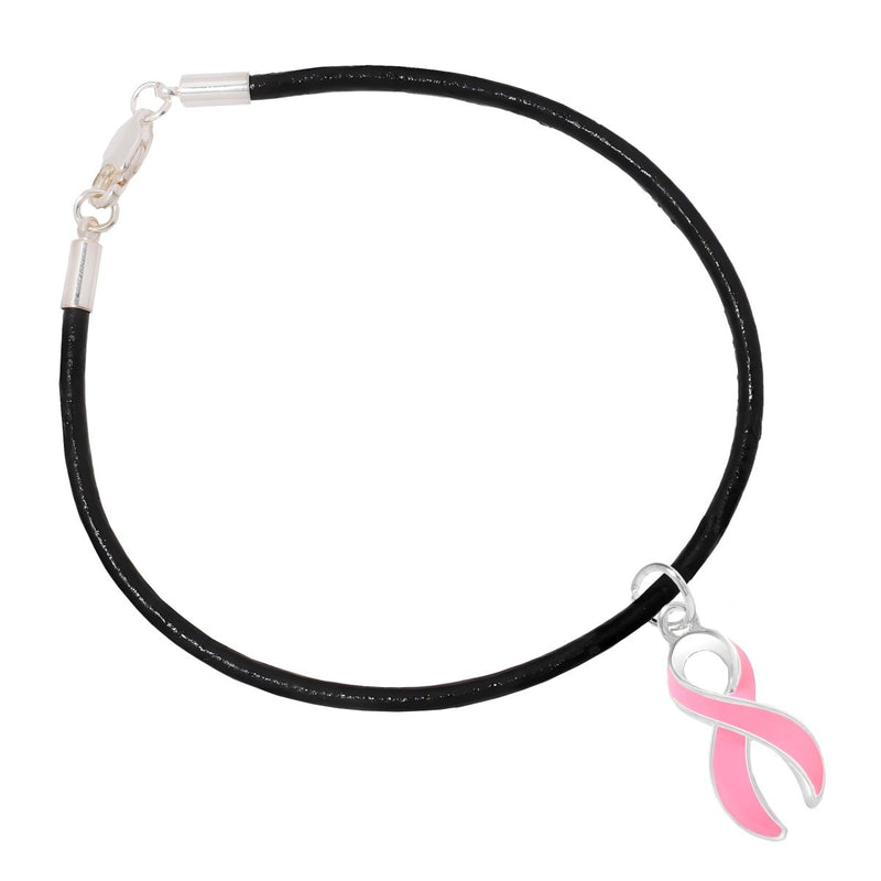 Large Pink Ribbon Breast Cancer Awareness Leather Cord Bracelets