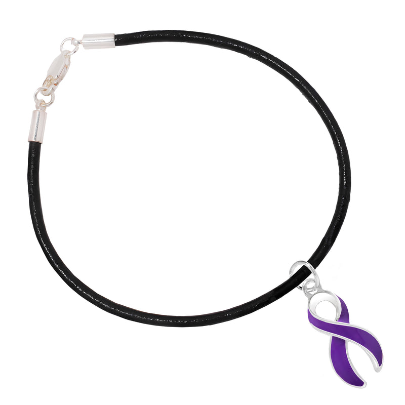 Purple Ribbon Charm Black Cord Bracelets