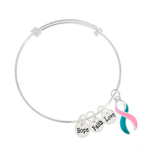 Load image into Gallery viewer, Bulk Large Pink &amp; Teal Ribbon Retractable Bracelets - The Awareness Company