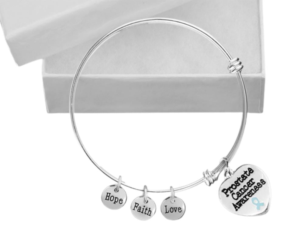 Bulk Prostate Cancer Heart Charm Light Blue Ribbon Retractable Bracelets - The Awareness Company