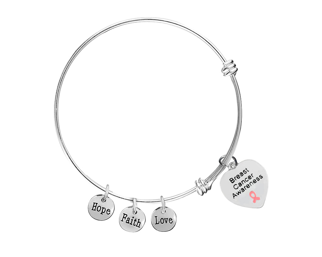 Mom Breast Cancer Awareness Heart Charm Pink Ribbon Retractable Bracelets