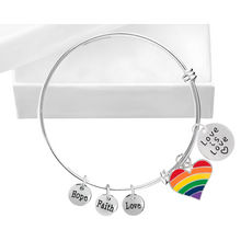 Load image into Gallery viewer, Bulk Gay Pride Rainbow Heart Love Is Love Retractable Charm Bracelets - The Awareness Company