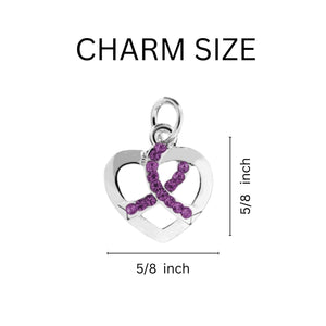 Bulk Crystal Purple Ribbon Heart Split Style Keychains - The Awareness Company