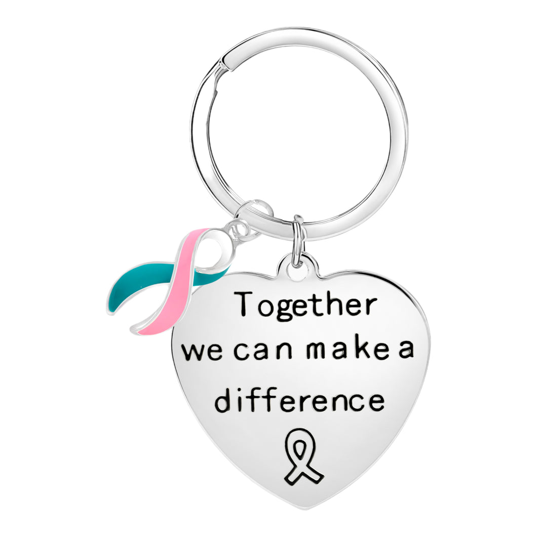 Pink & Teal Ribbon Big Heart Key Chains