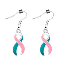 Load image into Gallery viewer, Pink &amp; Teal Ribbon Hanging Earrings