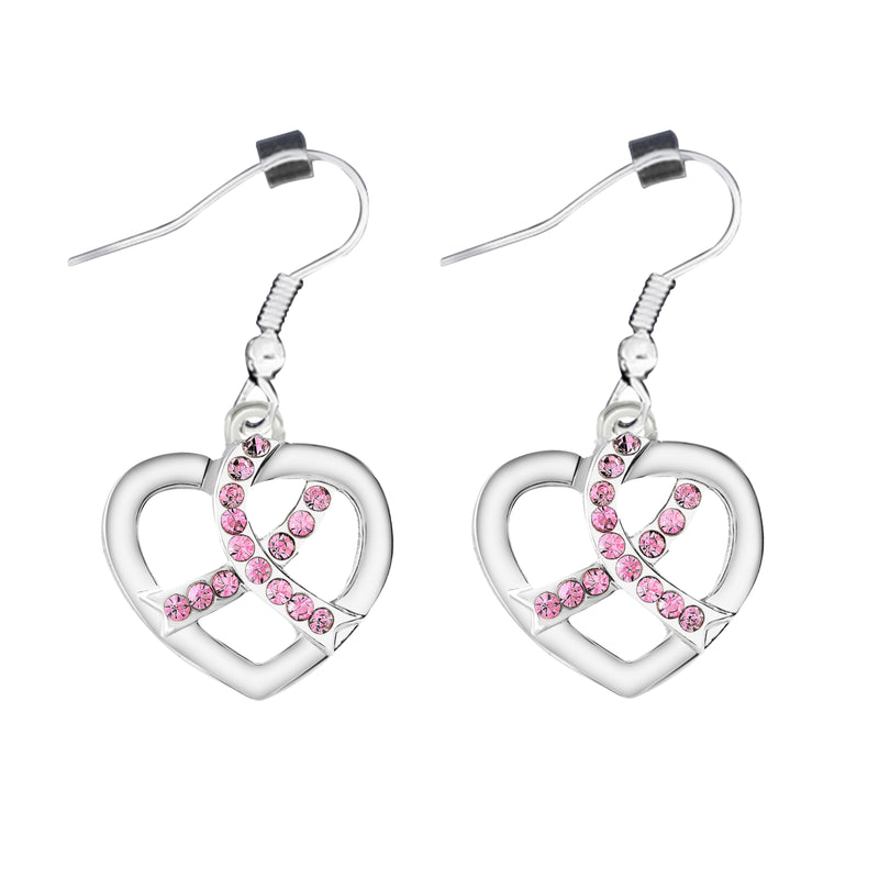 Crystal Pink Ribbon Heart Hanging Earrings