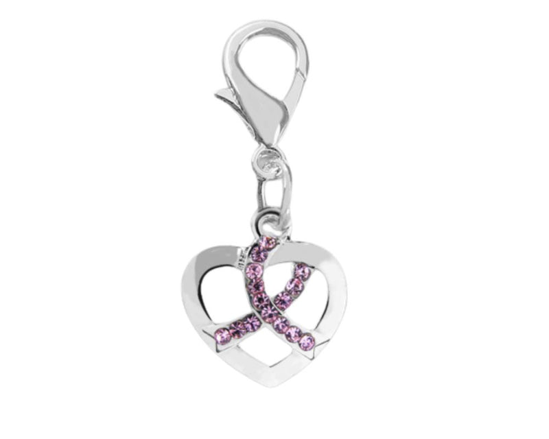 Silver Heart Crystal Pink Ribbon Hanging Purse Charms - The Awareness Company