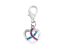 Load image into Gallery viewer, Bulk Crystal Teal &amp; Purple Ribbon Silver Heart Hanging Charms - The Awareness Company