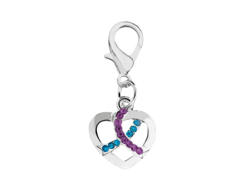 Bulk Crystal Teal & Purple Ribbon Silver Heart Hanging Charms - The Awareness Company