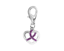 Load image into Gallery viewer, Silver Heart Crystal Purple Ribbon Hanging Charms - The Awareness Company