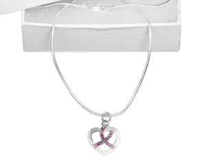 Bulk Crystal Pink Ribbon Silver Heart Necklaces - The Awareness Company