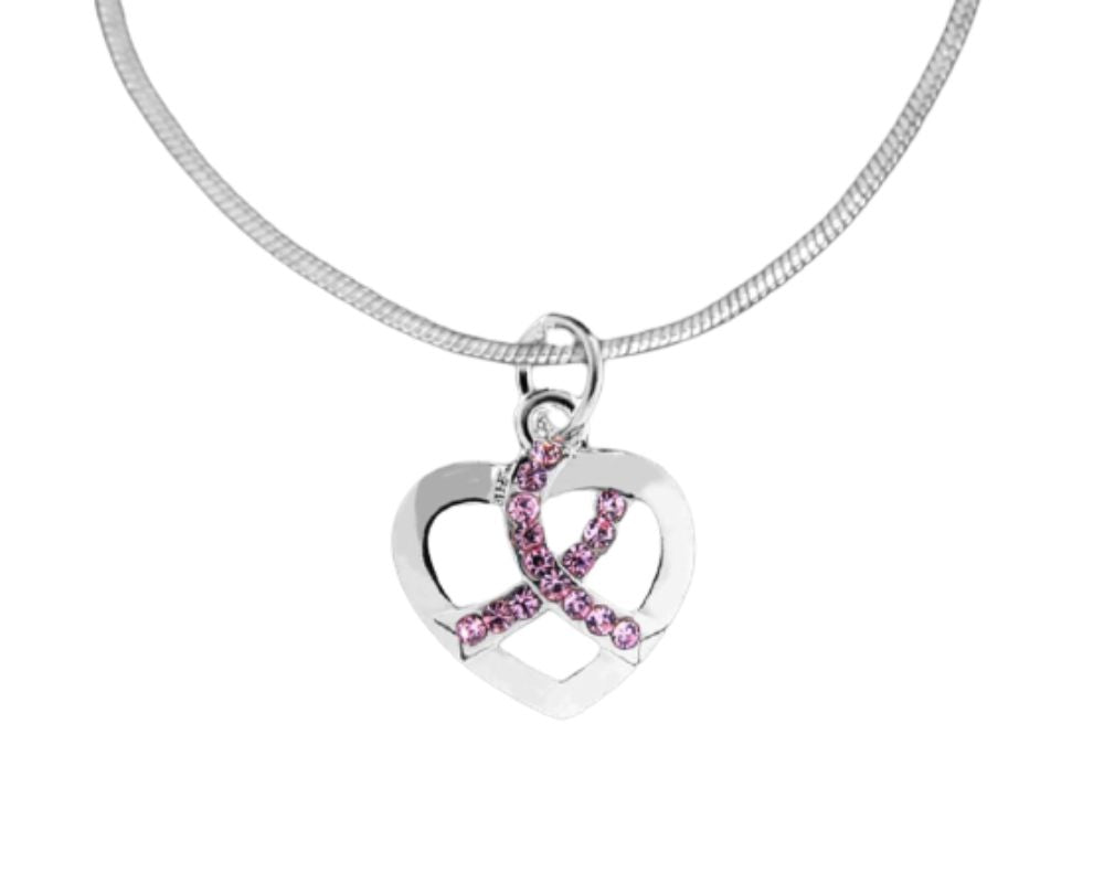 Bulk Crystal Pink Ribbon Silver Heart Necklaces - The Awareness Company