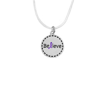 Load image into Gallery viewer, Bulk Purple Ribbon Round Believe Necklaces for Lupus, Crohns, Alzheimers- The Awareness Company