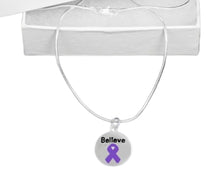 Load image into Gallery viewer, Bulk Purple Ribbon Circle Believe Necklaces for Cancer Survivors - The Awareness Company