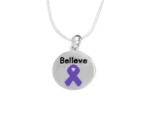 Load image into Gallery viewer, Bulk Purple Ribbon Circle Believe Necklaces for Cancer Survivors - The Awareness Company