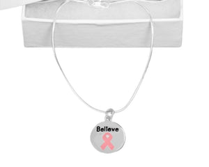 Bulk Pink Ribbon Circle Believe Necklaces - The Awareness Company