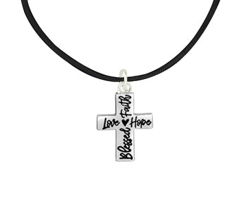 Blessed, Hope, Faith, and Love Cross Black Cord Necklace 