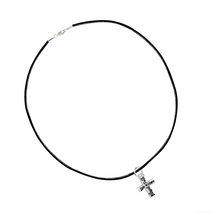 Load image into Gallery viewer, Blessed, Hope, Faith, and Love Cross Black Leather Cord Necklace