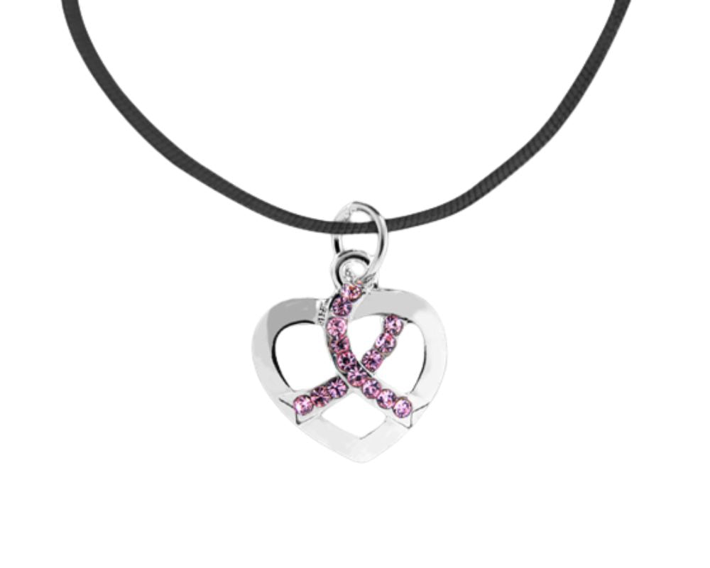 Crystal Heart Pink Ribbon Leather Cord Necklaces - The Awareness Company