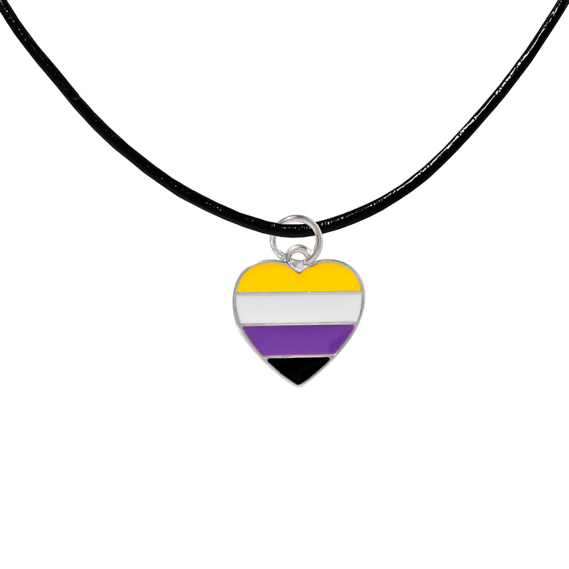 Bulk Non-Binary Flag Heart Black Cord Necklaces - Gay Pride Jewelry - The Awareness Company