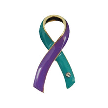 Load image into Gallery viewer, Bulk Teal &amp; Purple Ribbon Pins for Suicide, Sexual Assault Awareness - The Awareness Company