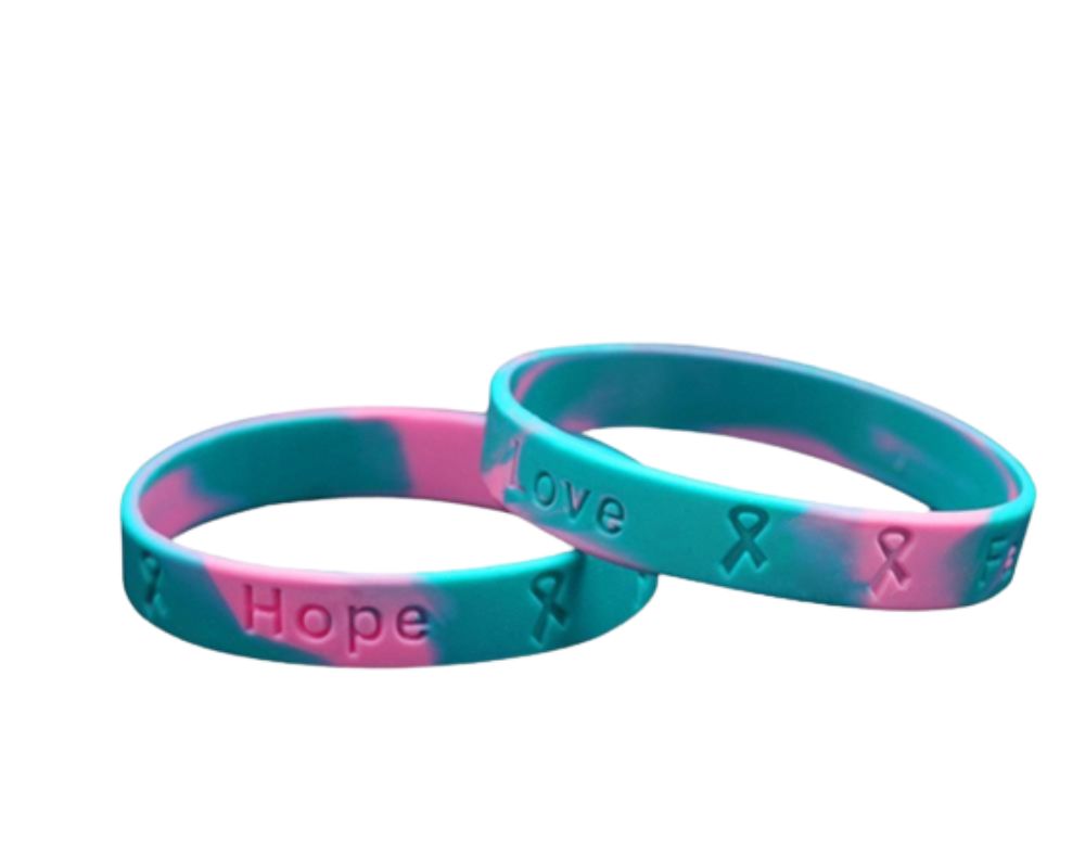 Bulk Child Size Pink & Teal Ribbon Silicone Bracelet Wristbands - The Awareness Company